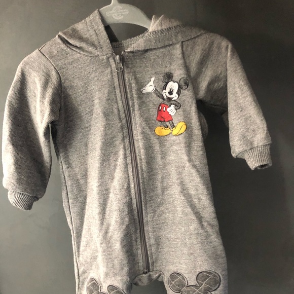 Beige Velvet Hooded Baby Romper Suit – Mickey Print Jumpsuit main image 1
